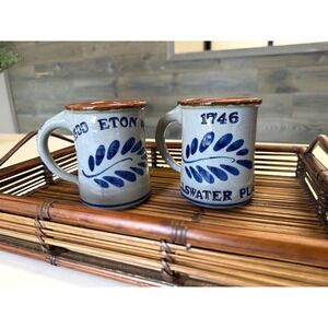 Vintage Salt Glaze Stoneware Mugs Set of 2 Eton 1533 & Ullswater Place 1746 Blue